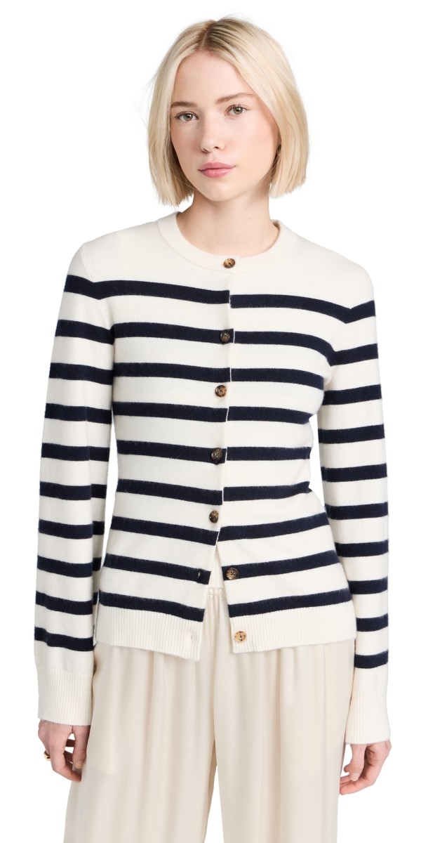 La Ligne Fitted Featherweight Cardigan Cream/Navy