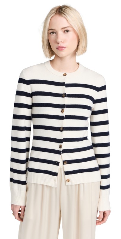La Ligne Fitted Featherweight Cardigan Cream/Navy