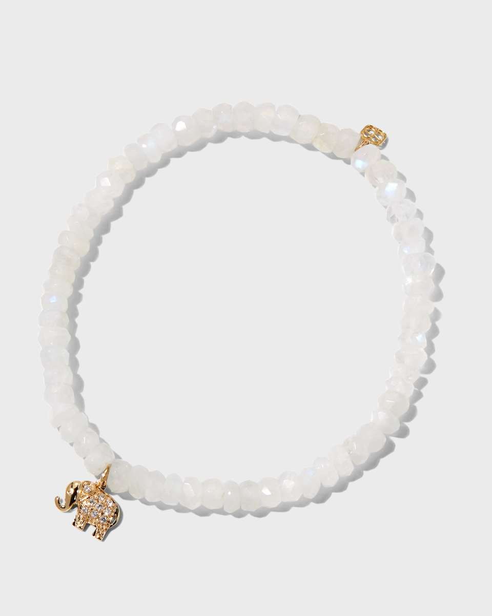 Rainbow Moonstone Bracelet with Diamond Elephant Charm