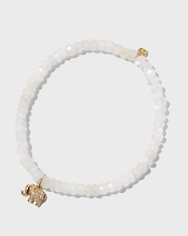 Rainbow Moonstone Bracelet with Diamond Elephant Charm