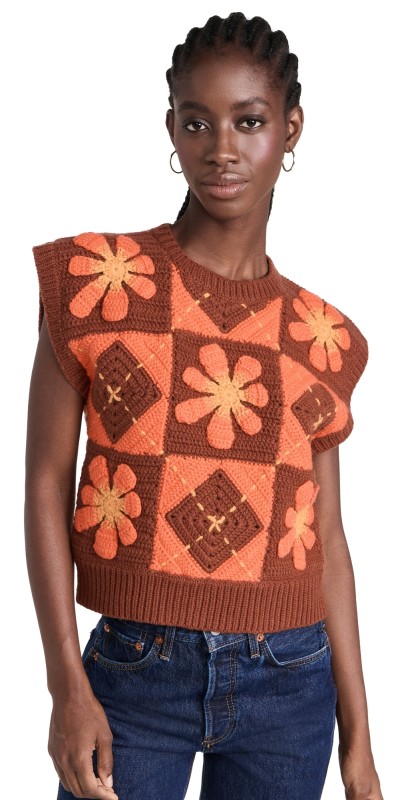 Lingua Franca Argyle Flower Crochet Vest Brown Floral Multi