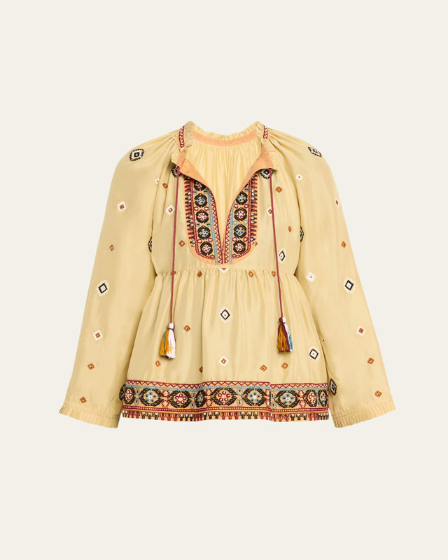 Geometric Woven Gathered Blouse with Tassel Ties