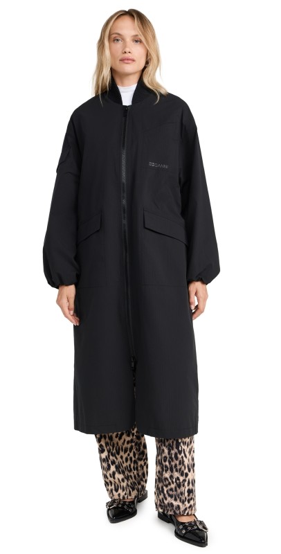 GANNI Tech Seersucker Oversized Shell Coat Black