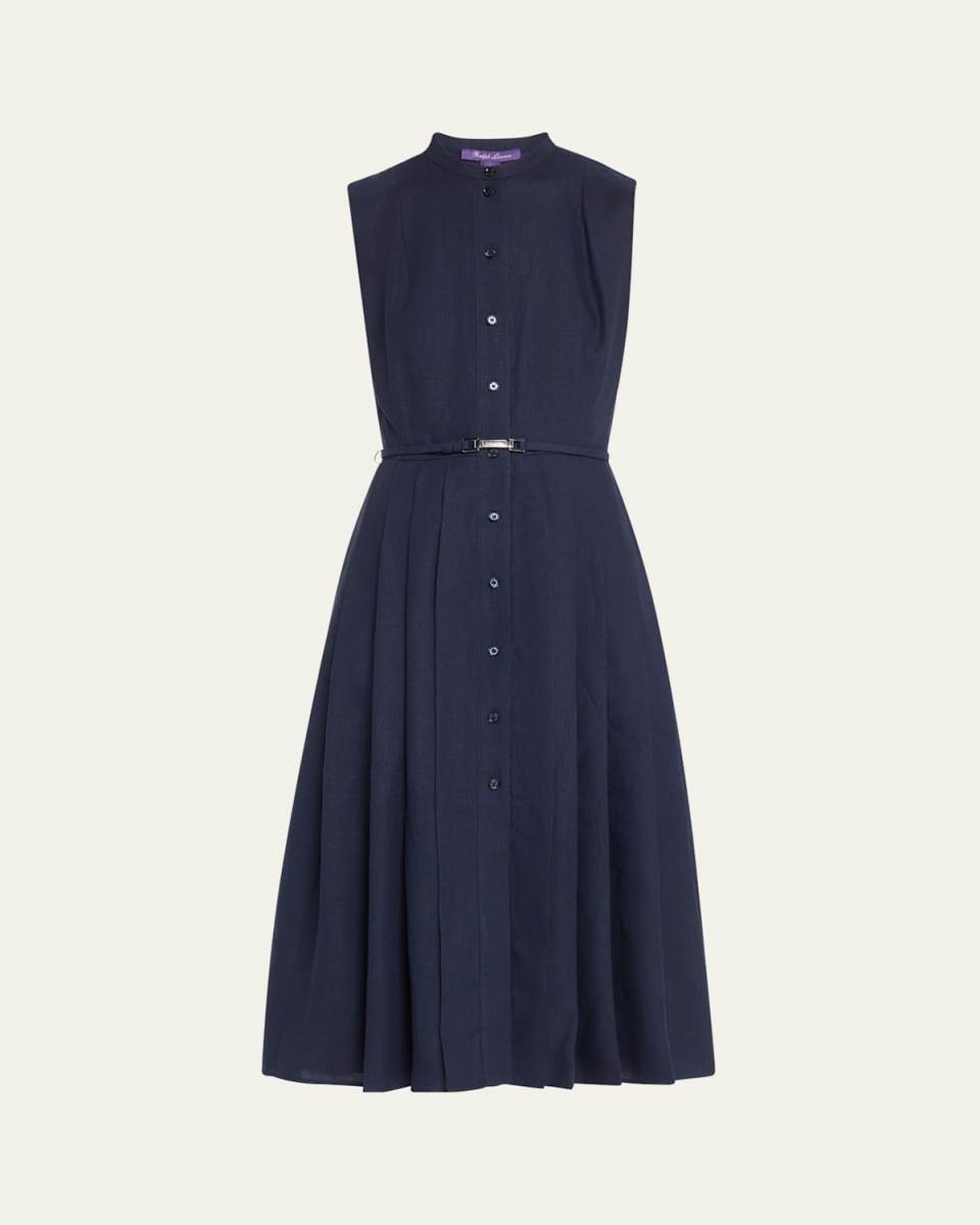 Freida Pleated Leather Belt Midi Linen Dress