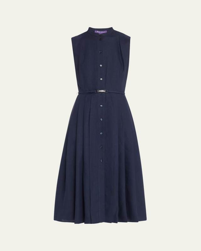 Freida Pleated Leather Belt Midi Linen Dress