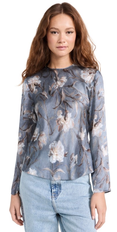 Vince Night Carnation Bias Crew Neck Blouse Iris Smoke