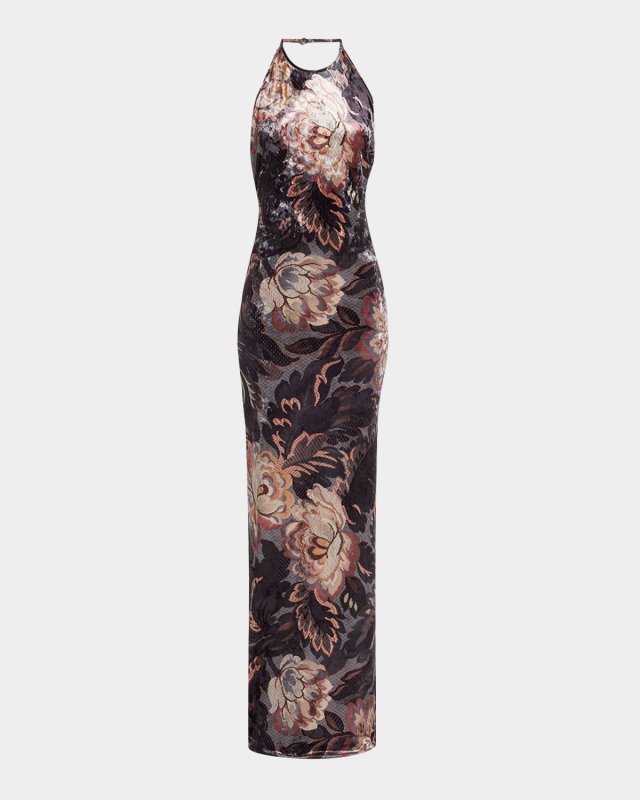 Floral Crushed Velvet Backless Gown