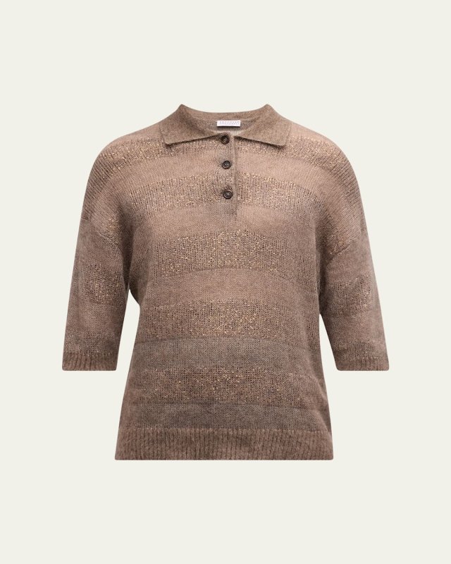 Mohair-Wool Striped Shiny Gauze Polo Sweater