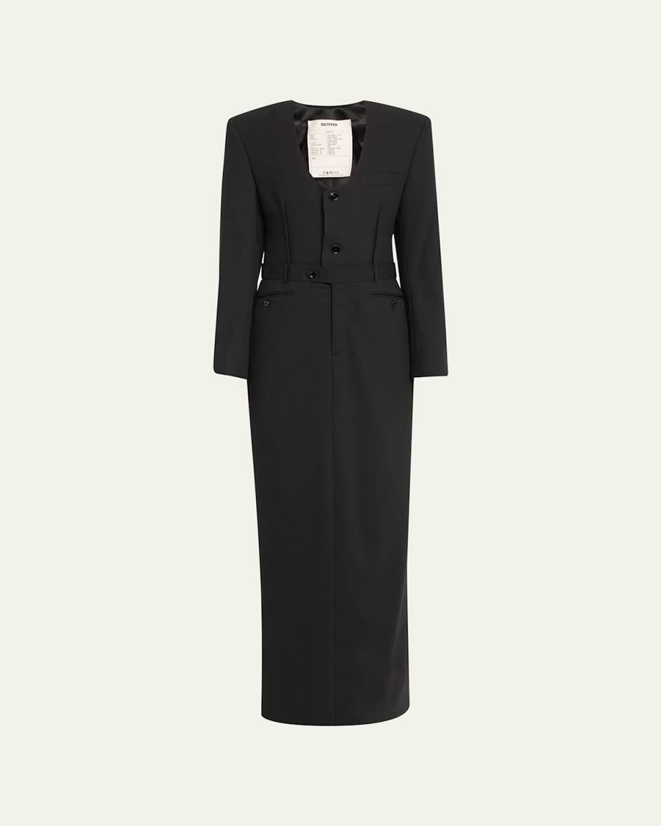 Long Scoop-Neck Buttoned Wool Dress