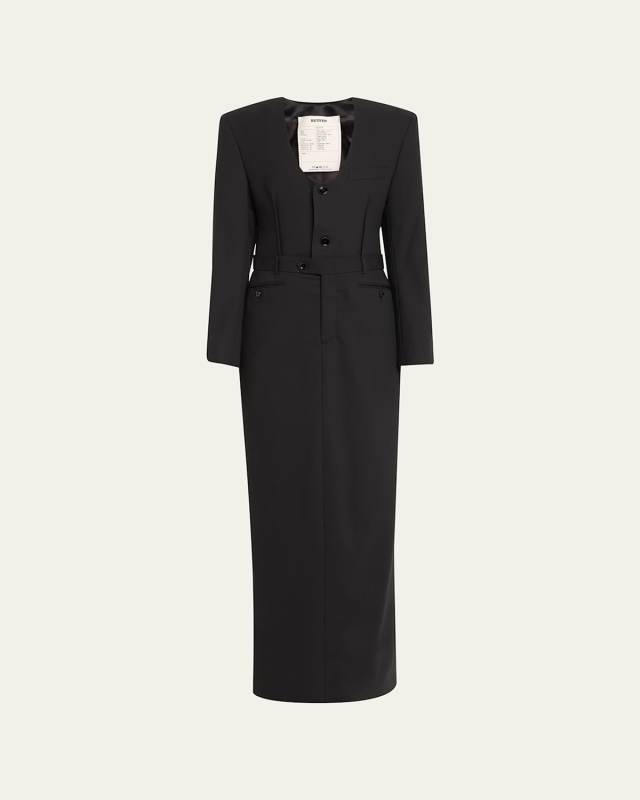 Long Scoop-Neck Buttoned Wool Dress