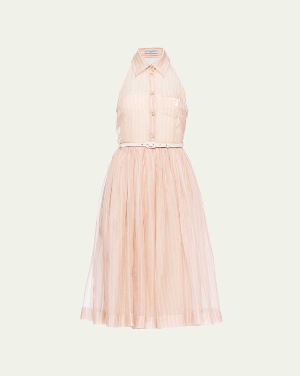 Striped Silk Organza Sleeveless Belted Midi Shirtdress