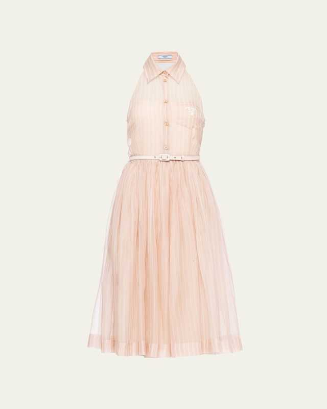 Striped Silk Organza Sleeveless Belted Midi Shirtdress