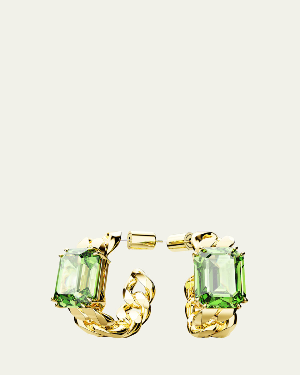 Millenia Gold-Tone Octagon-Cut Green Crystal Chain Hoop Earrings