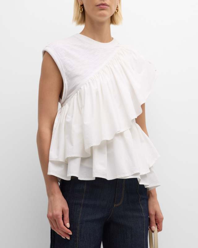 Micki Asymmetric Ruffle Sleeveless Cotton Top