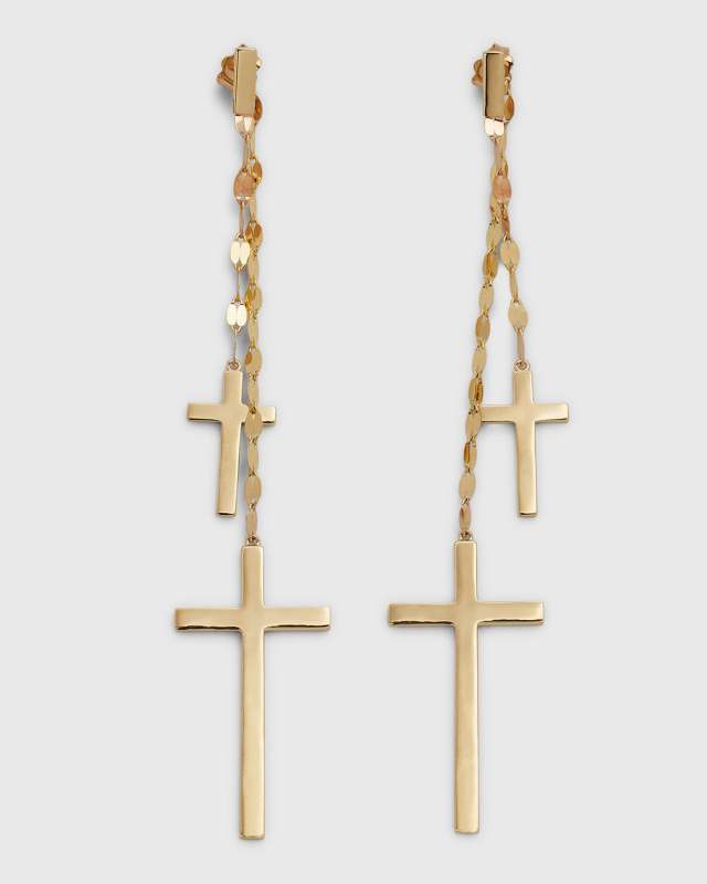 14K Yellow Gold Double Cross Mega Gloss Blake Front-Back Linear Earrings