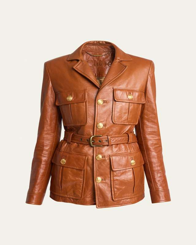 Glossy Leather Belted Military Jacket