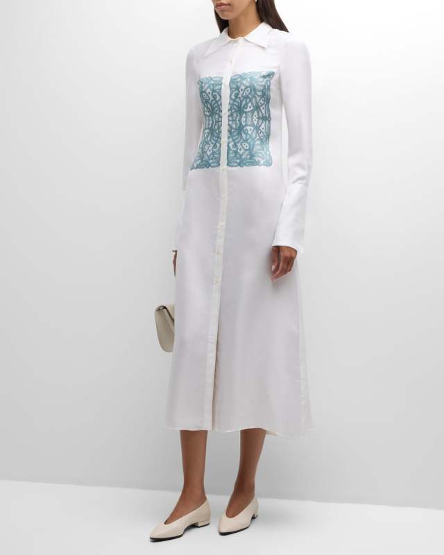 Alv Lace-Print Long-Sleeve Silk Maxi Shirtdress