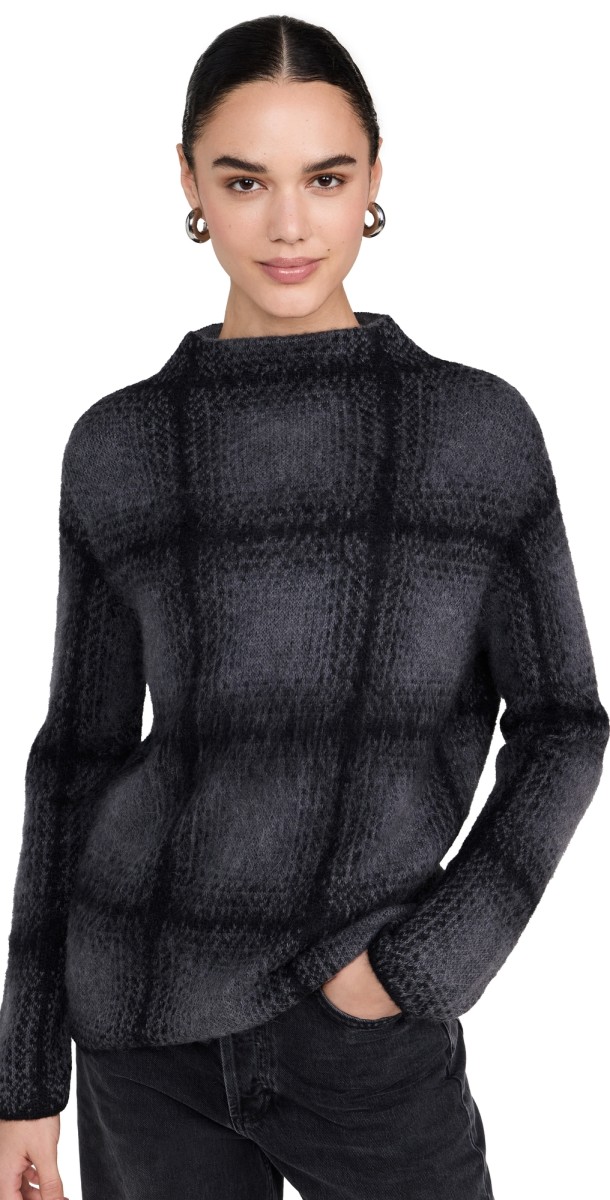 Vince Shadow Plaid Funnel Neck Sweater Charcoal Combo