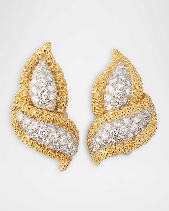 Estate Platinum and 18K Yellow Gold 76 Diamond Leaf Stippled Border Earrings