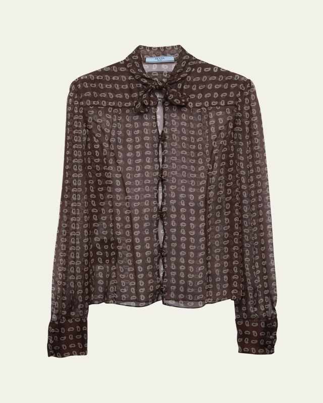 Paisley Scarf-Neck Chiffon Slim Blouse