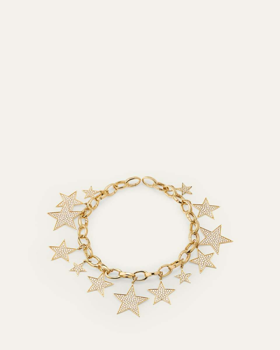 14K Yellow Gold Graduated Pave Diamond Star Multi Charm Bracelet