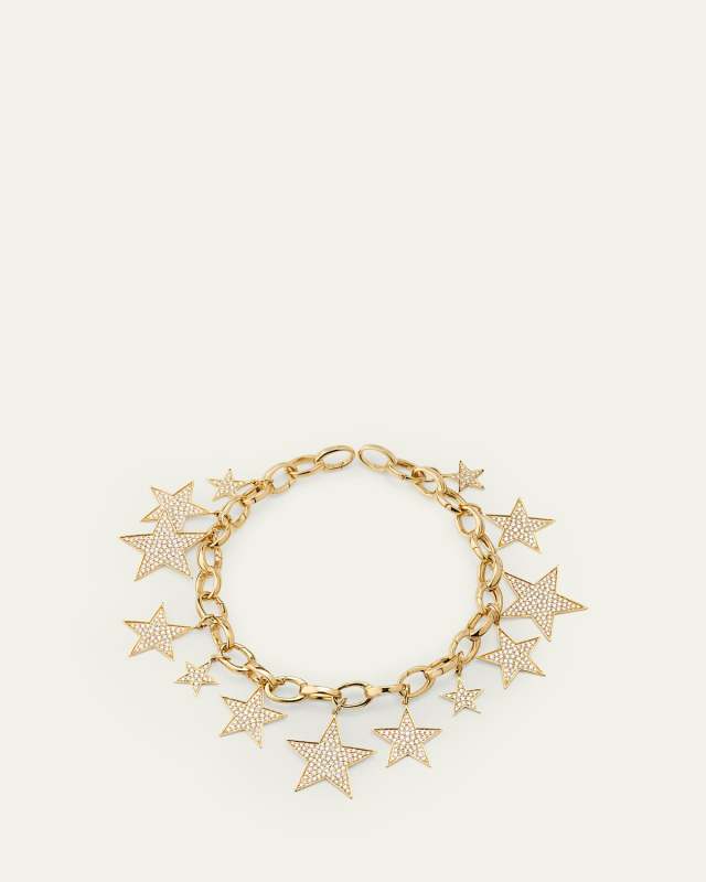 14K Yellow Gold Graduated Pave Diamond Star Multi Charm Bracelet