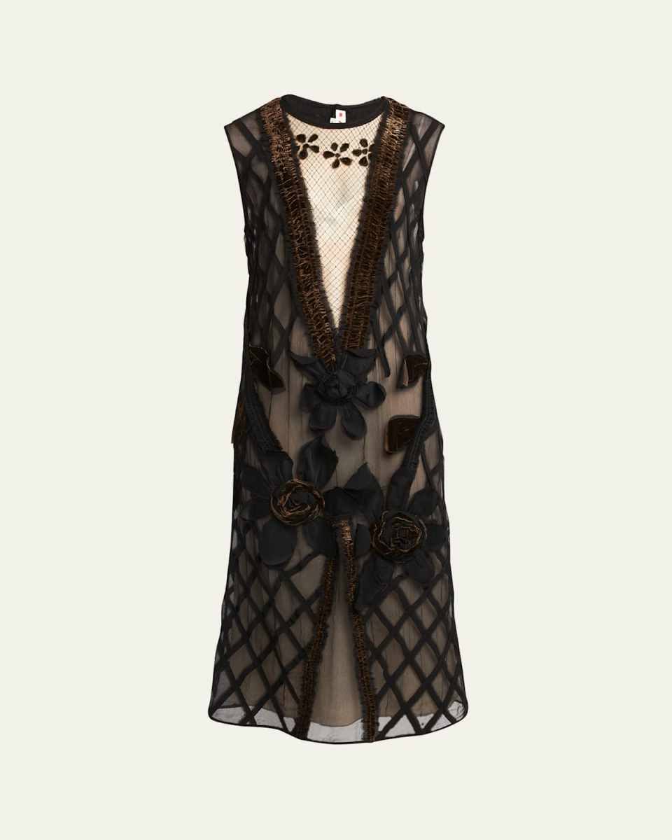 Flower Lattice Embroidered Sleeveless Midi Dress