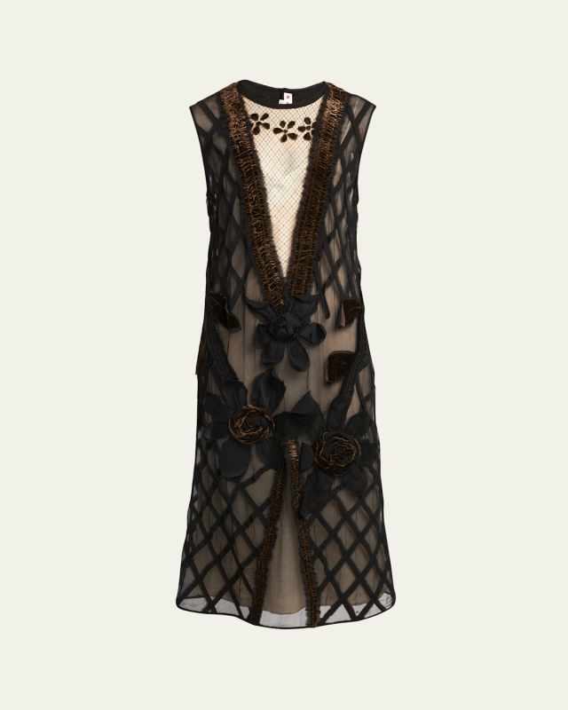 Flower Lattice Embroidered Sleeveless Midi Dress