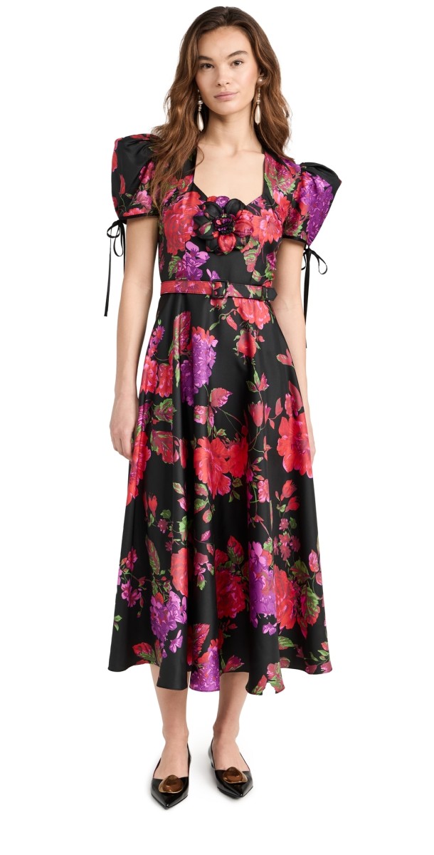Rodarte Red and Purple Floral Printed Silk Twill Dress Black