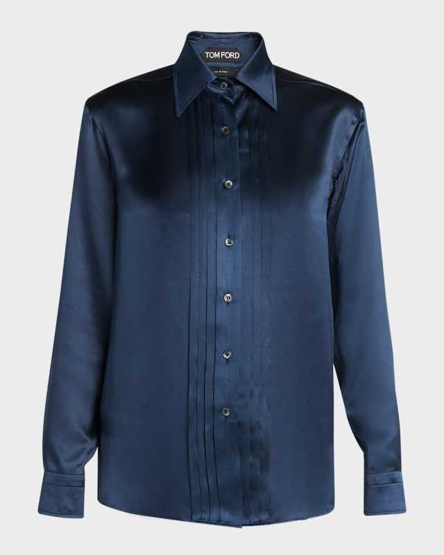 Fluid Charmeuse Pleated Silk Button-Front Blouse