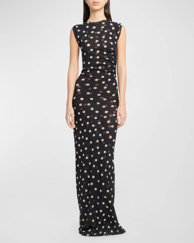 Polka Dot Ruched Long Column Jersey Dress