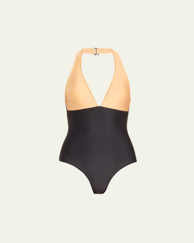 Colorblock Halter Plunge One-Piece Swimsuit