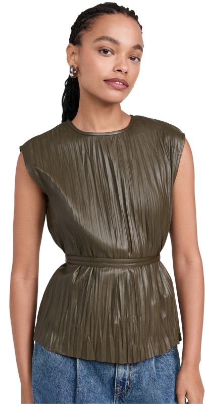 Proenza Schouler White Label Lyra Top in Faux Leather Dark Fern