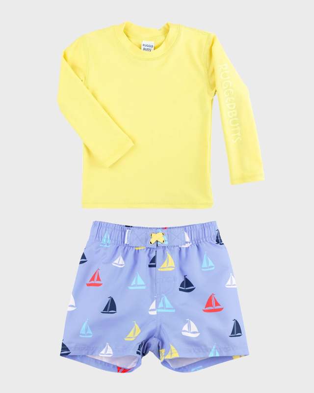 Boy's Yellow Rashguard and Boat Swim Trunks Set, Size 3M-8