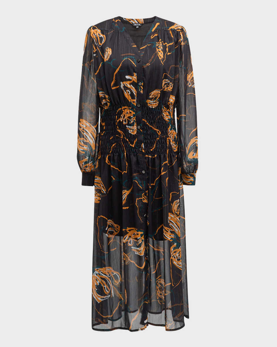 Smocked Floral-Print Chiffon Midi Dress