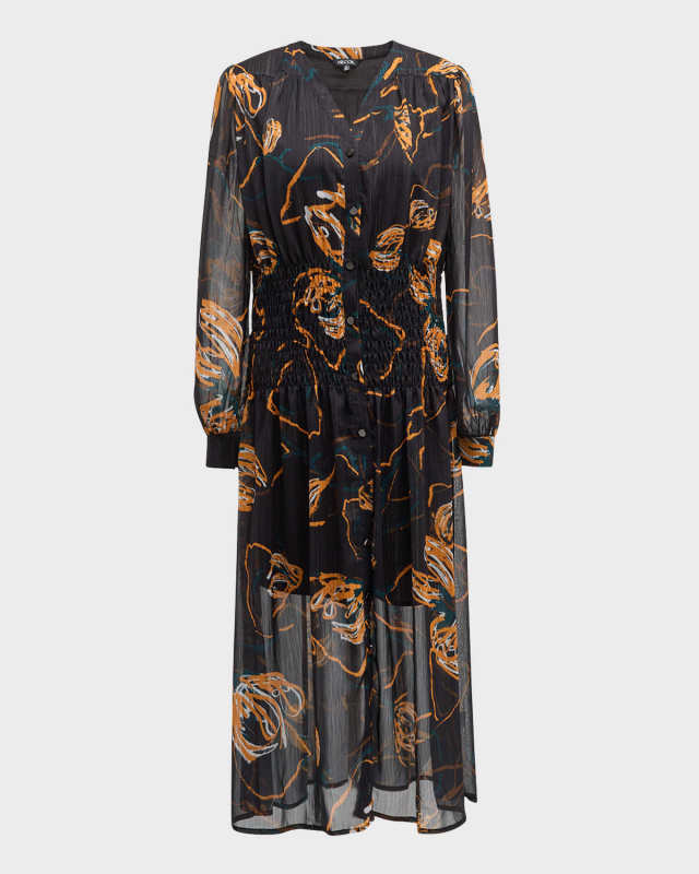 Smocked Floral-Print Chiffon Midi Dress