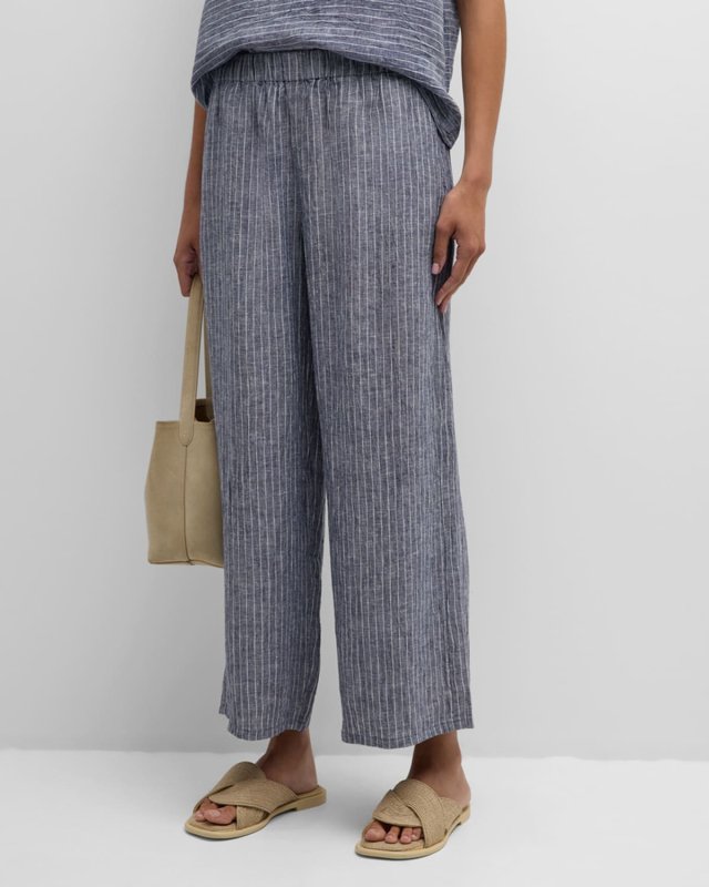 Cropped Wide-Leg Striped Organic Linen Pants