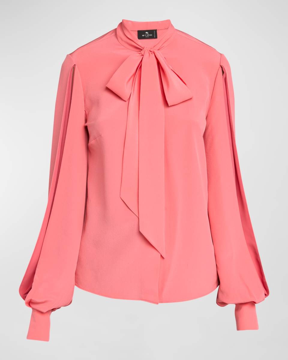 Slit-Sleeve Neck-Tie Silk Blouse