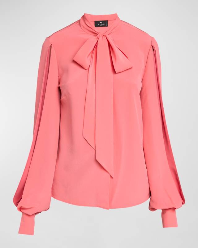 Slit-Sleeve Neck-Tie Silk Blouse