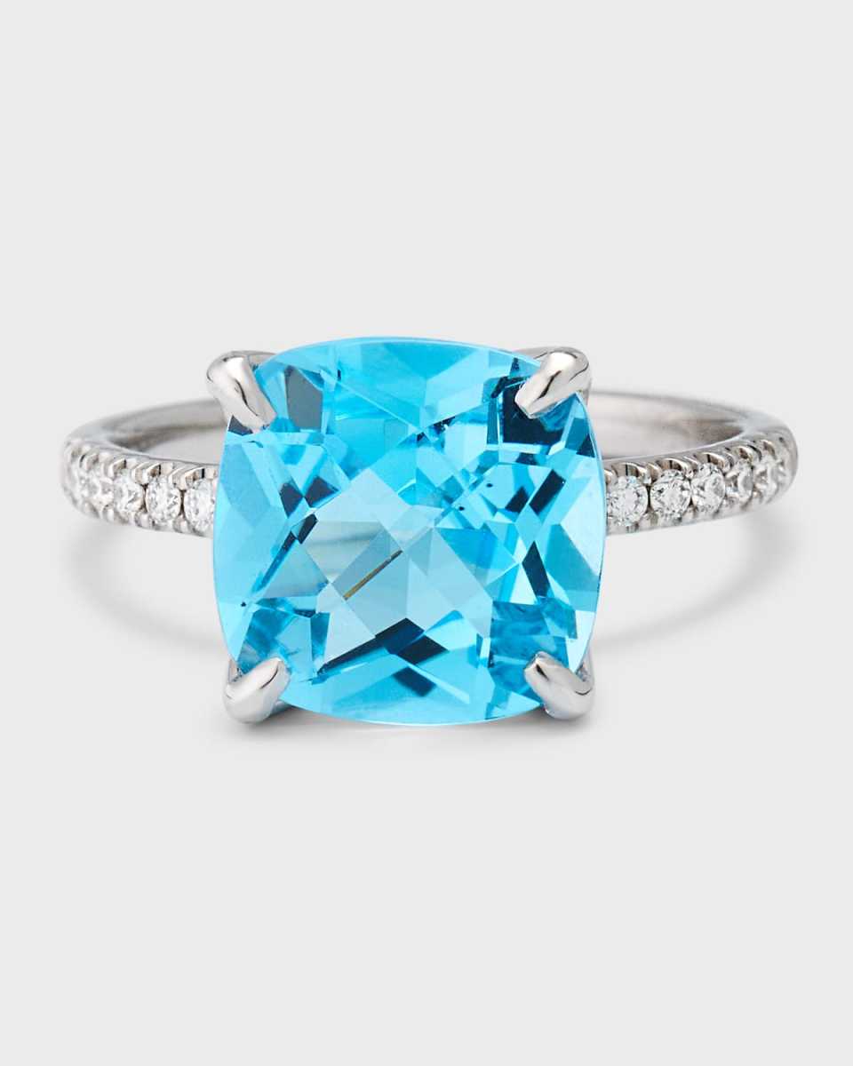 Rocks 18K White Gold Cushion Cut Blue Topaz and Pavé Diamond Cocktail Ring, Size 6