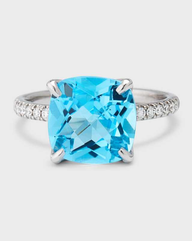 Rocks 18K White Gold Cushion Cut Blue Topaz and Pavé Diamond Cocktail Ring, Size 6