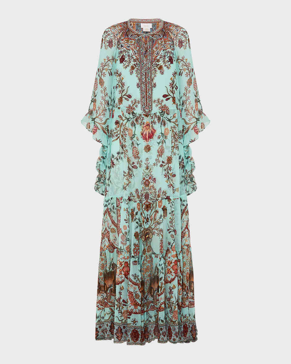 Wide-Sleeve Gathered Silk Maxi Dress