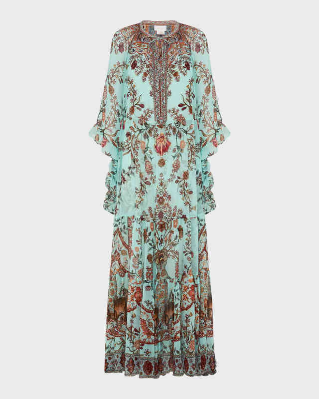 Wide-Sleeve Gathered Silk Maxi Dress