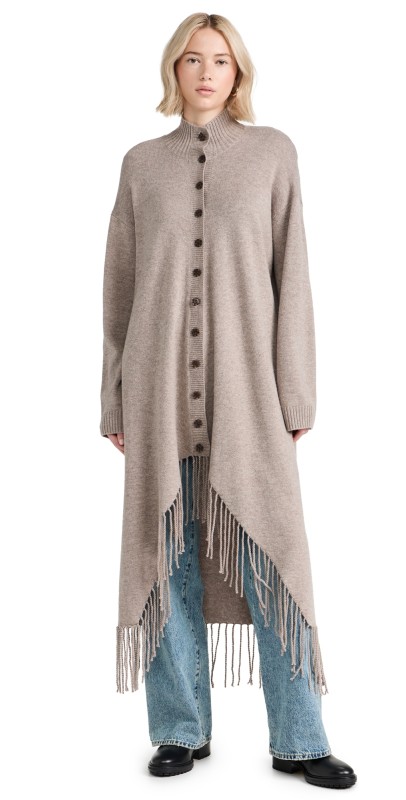 Naadam Wool Cashmere Draped Front Fringe Coat Timber