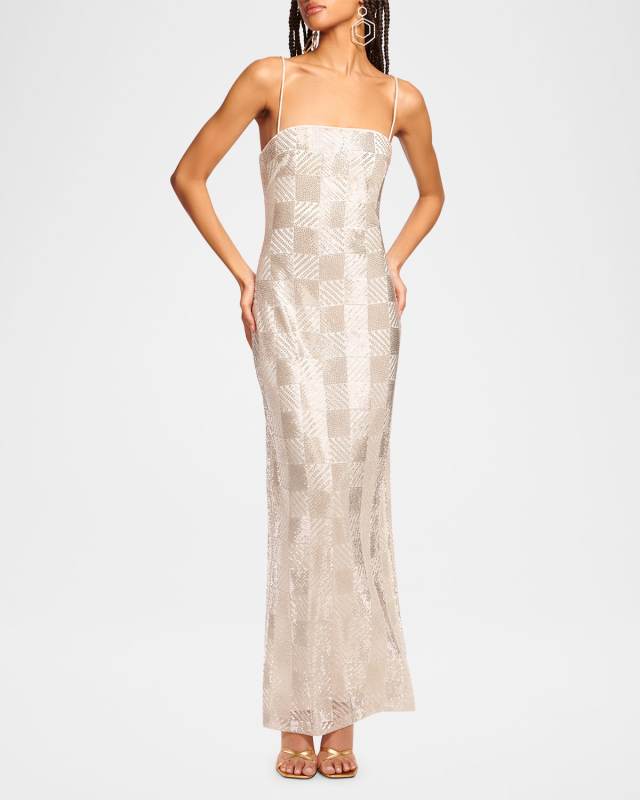 Beaded Check Column Gown