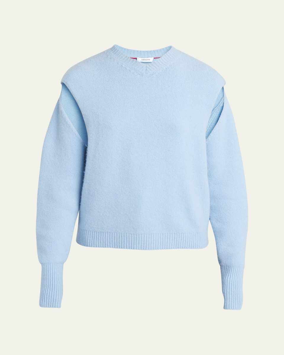Cutout Sleeve Brushed Cashmere Sweater, Light Blu