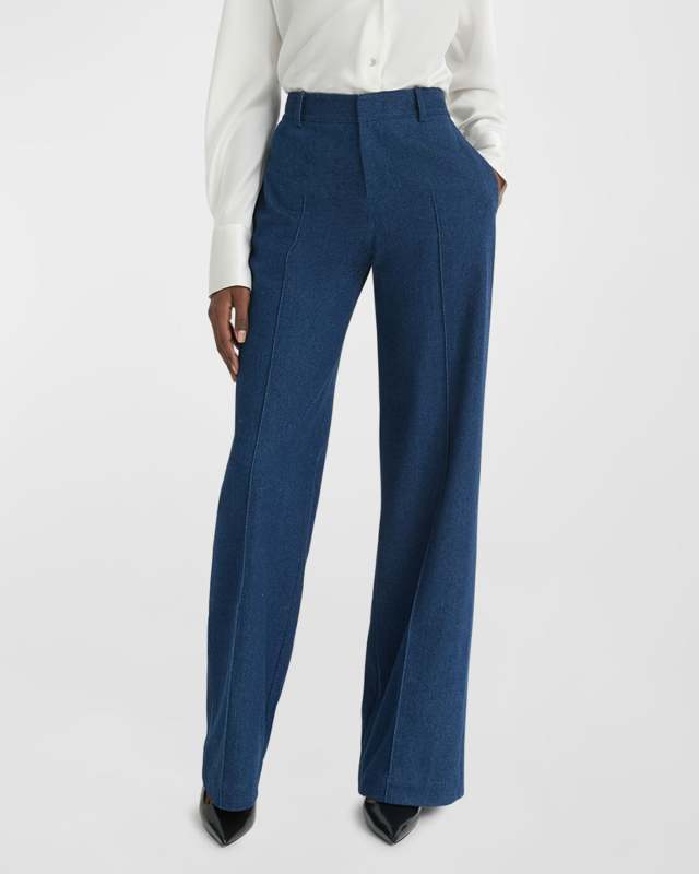 Pintuck Cotton Twill Mid-Rise Wide-Leg Trousers