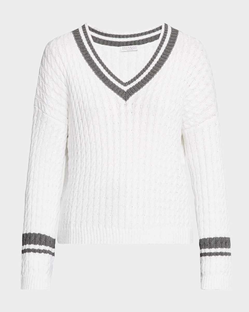 Tennis Stripe Diamante Cable-Knit Sweat