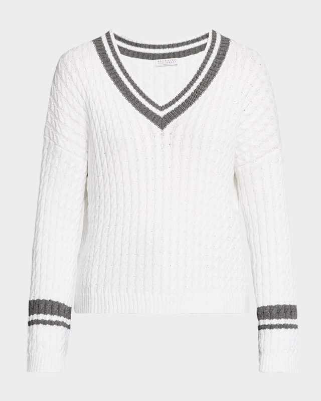 Tennis Stripe Diamante Cable-Knit Sweat