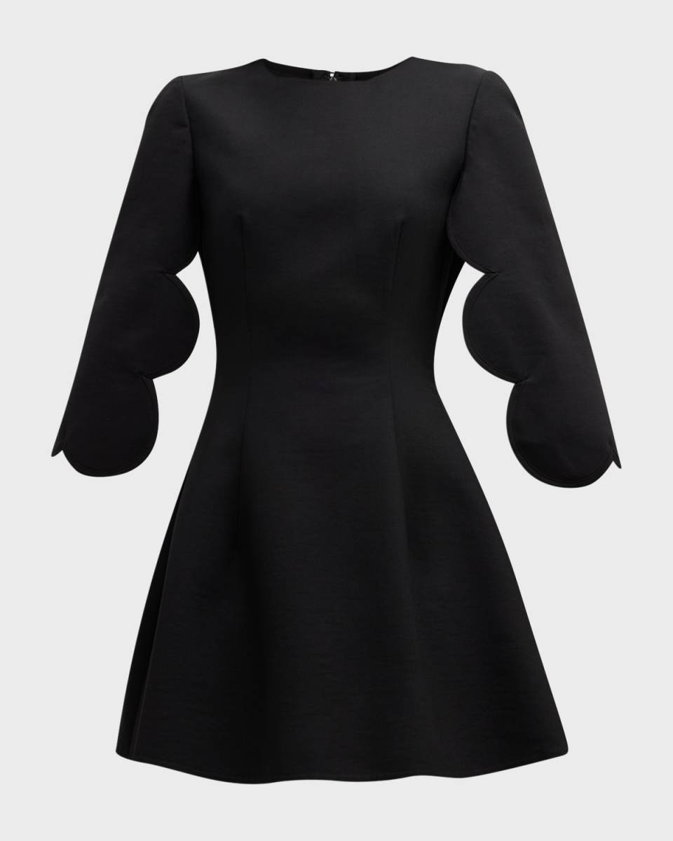 Scalloped Slit-Sleeve Jewel-Neck Stretch Wool Mini Dress